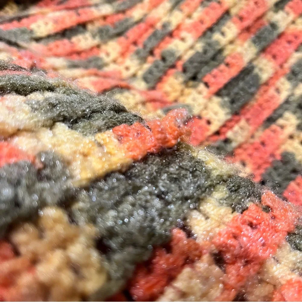 Vintage ca 70s Handmade Orange, Green, and Yellow Crocheted Afghan Blanket